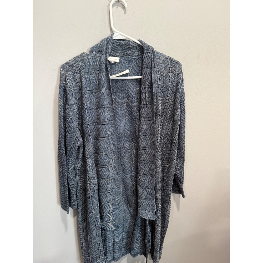 Christopher & Banks Blue Chevron Pointelle Open Front Cardigan Sweater Large USA